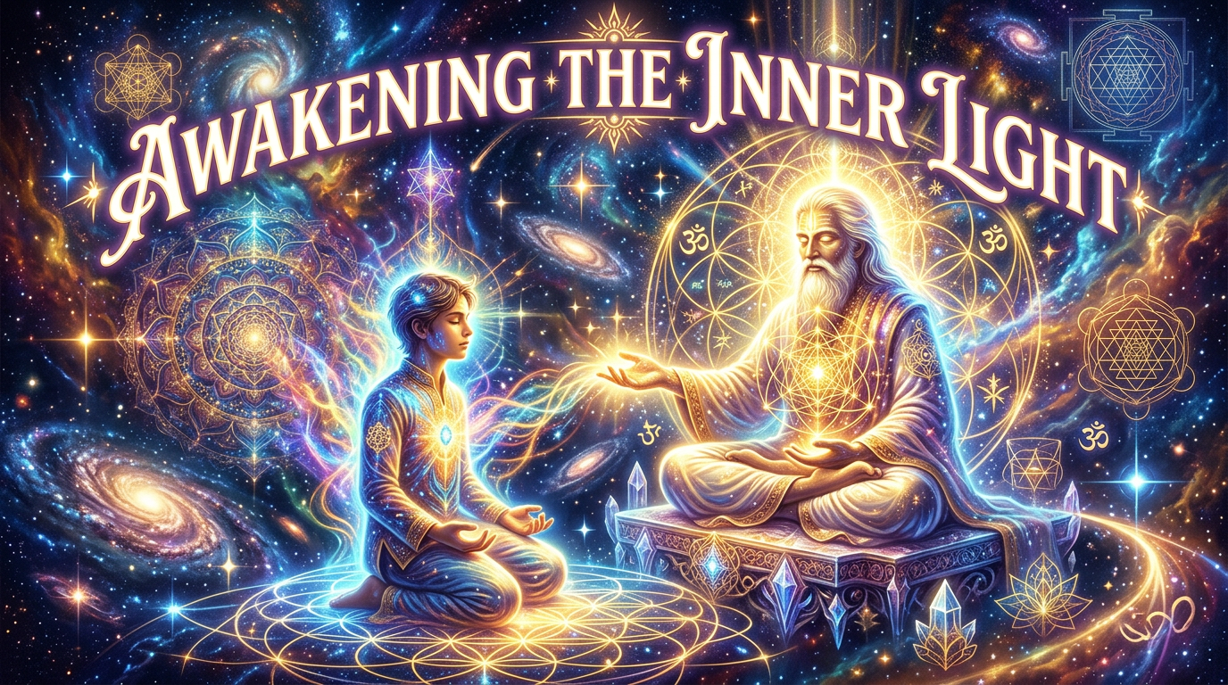 An elder and a young person meditating surrounded by glowing cosmic patterns and sacred geometry