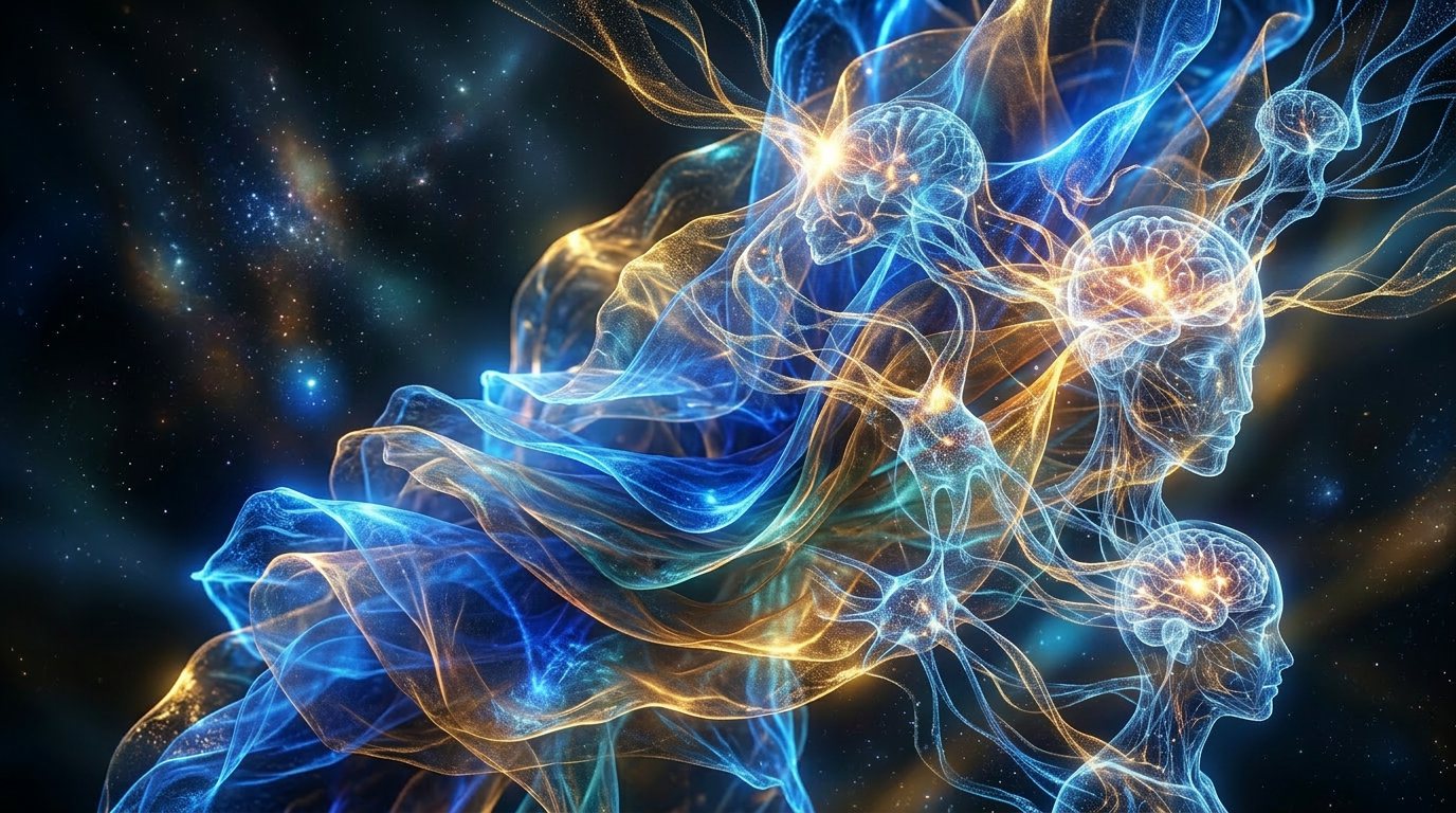 Multiple translucent human heads with glowing brains interconnected by neural pathways